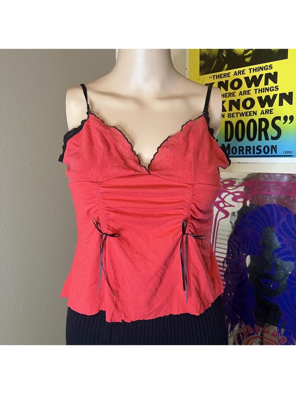 Vintage 2004 Victorias Secret Red Lace Ruched Bow Tank Top